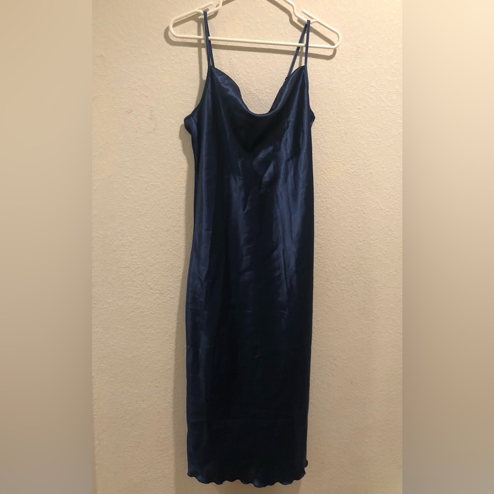 Bebe Blue Satin Cowl Neck Lightweight Sleeveless Slip Midi Dress Size M